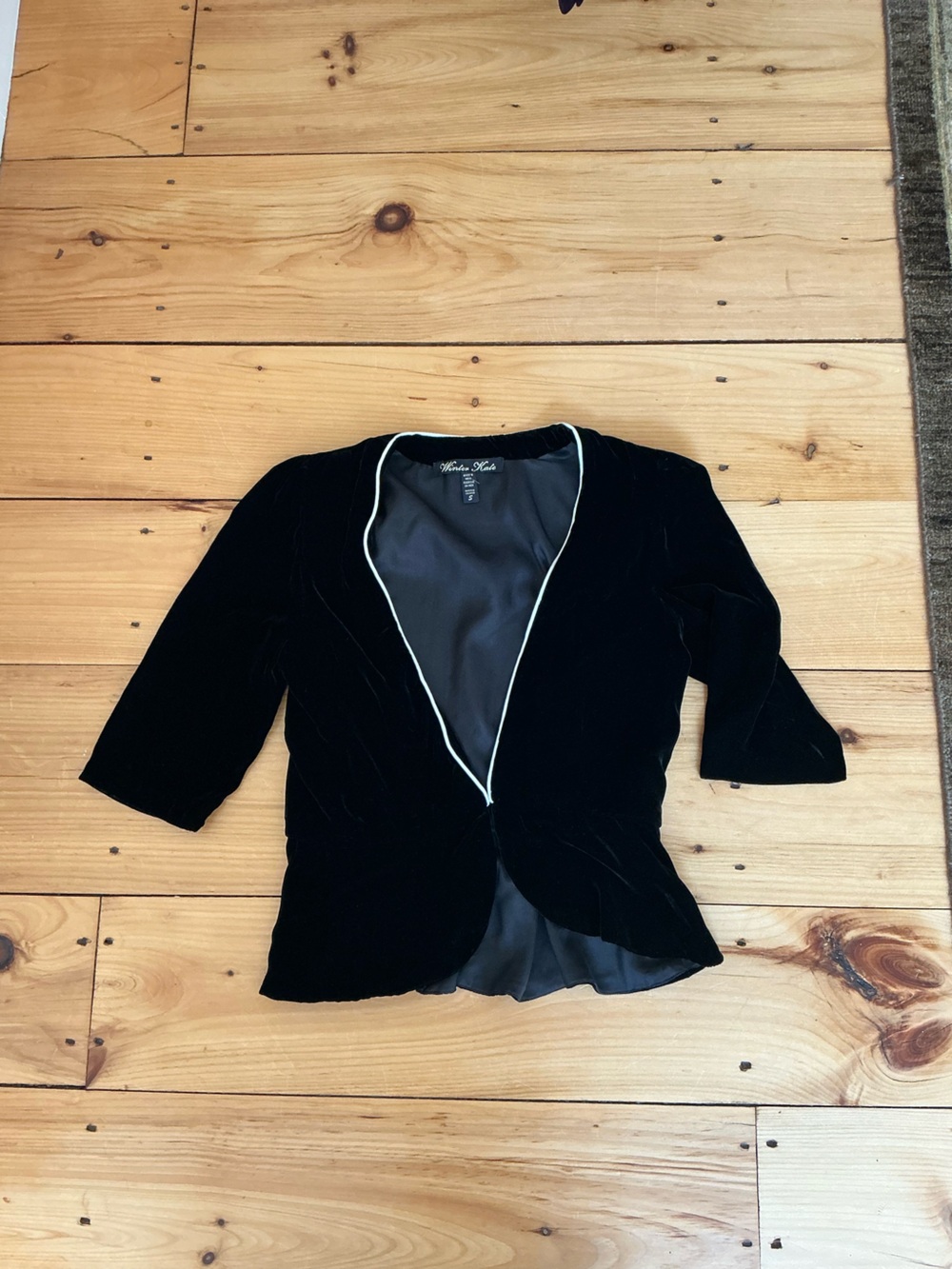 Winter Kate Black Velvet Open Front Blazer Jacket White Trim Silk Lining Small